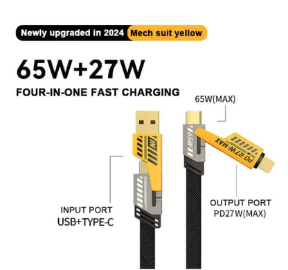 4 in 1 Data Cable – USB-C & Lightning Connectors, Braided Durable Design, Fast Charging & Data Transfer, Black with Yellow Connectors