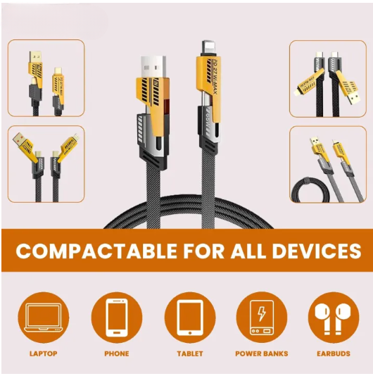 4 in 1 Data Cable – USB-C & Lightning Connectors, Braided Durable Design, Fast Charging & Data Transfer, Black with Yellow Connectors
